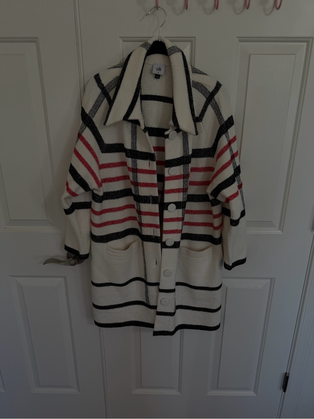 CAbi Executive Jacket - Cream Striped Button-Front Black & Red Accents Spring 24